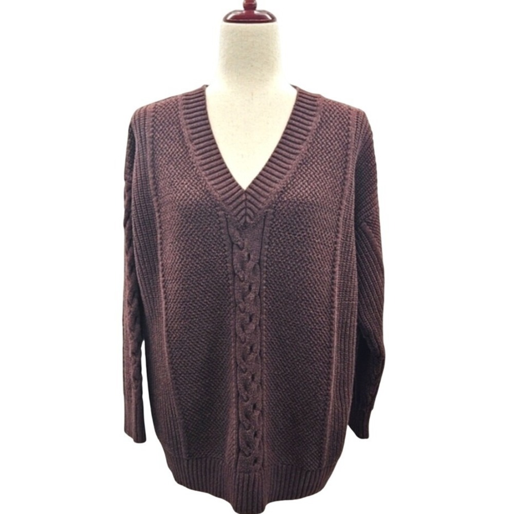 GAP Cotton Women Brown Cable‎ Knit V Neck Sweater Size L Long Sleeve Casual Cozy